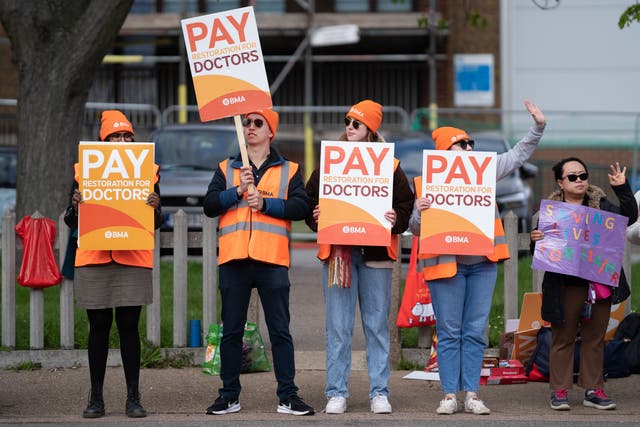 Striking NHS junior doctors on the picket line outside Southend University Hospital in Essex on April 14. (Stefan Rousseau/PA)