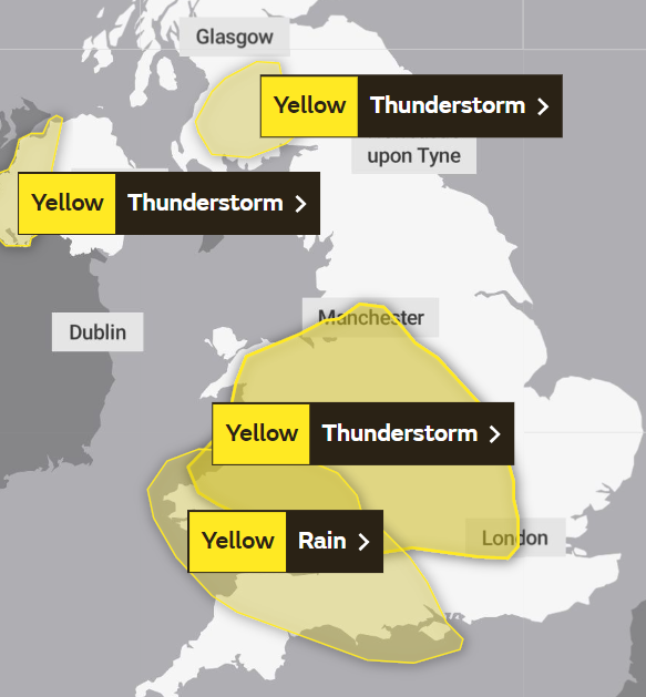 There are yellow warnings for thunderstorms across much of the UK