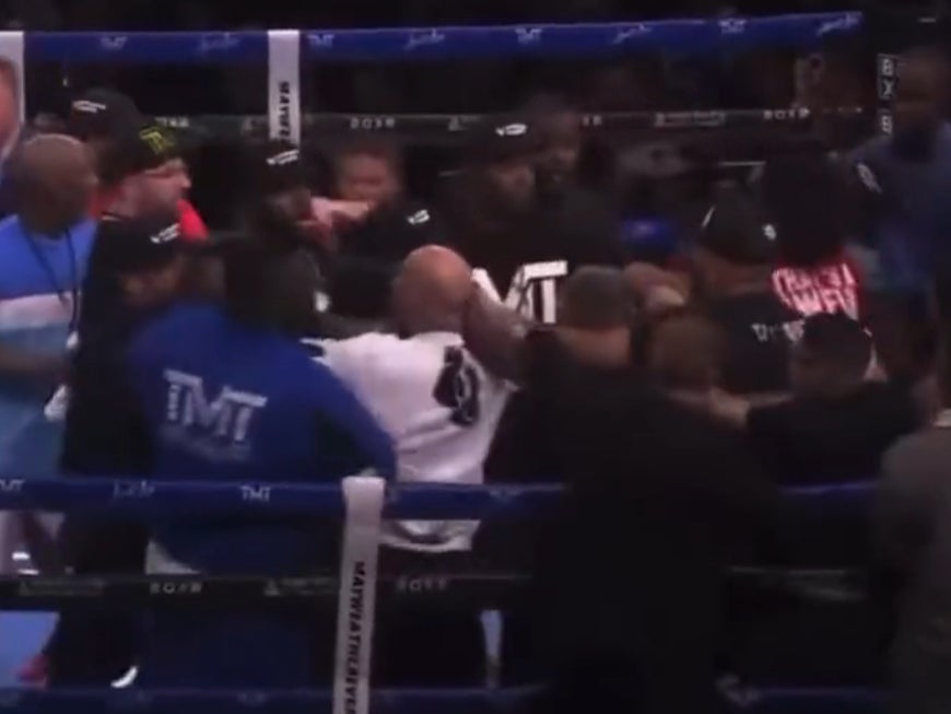 A brawl broke out after Floyd Mayweather’s first fight with John Gotti III last year