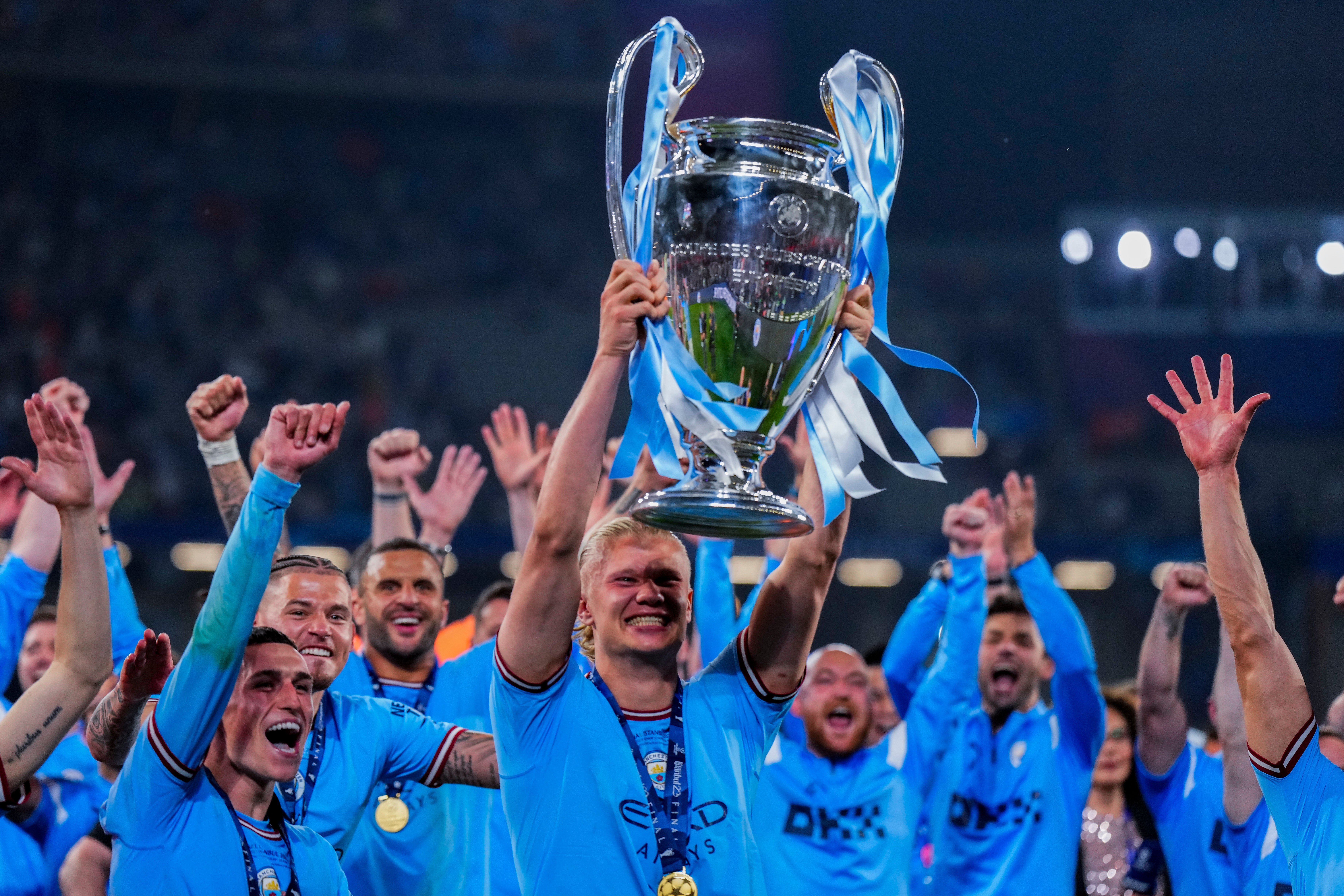 Manchester City celebrate lifting the Champions League in Istanbul