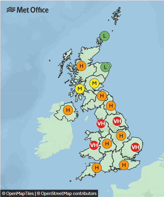 The Met Office has issued red, amber and yellow warnings for pollen levels across the UK this week (Picture: Met Office/OpenMapTiles)