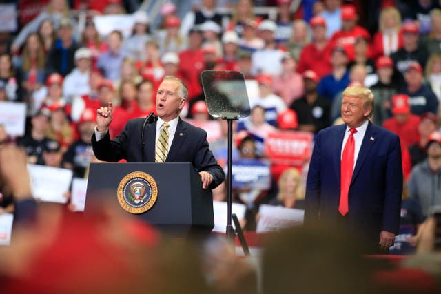 <p>Thom Tillis appears alongside Trump at a rally in 2023. Last week, however, Tillis was nowhere to be seen at Trump’s rally in Wilmington, North Carolina </p>