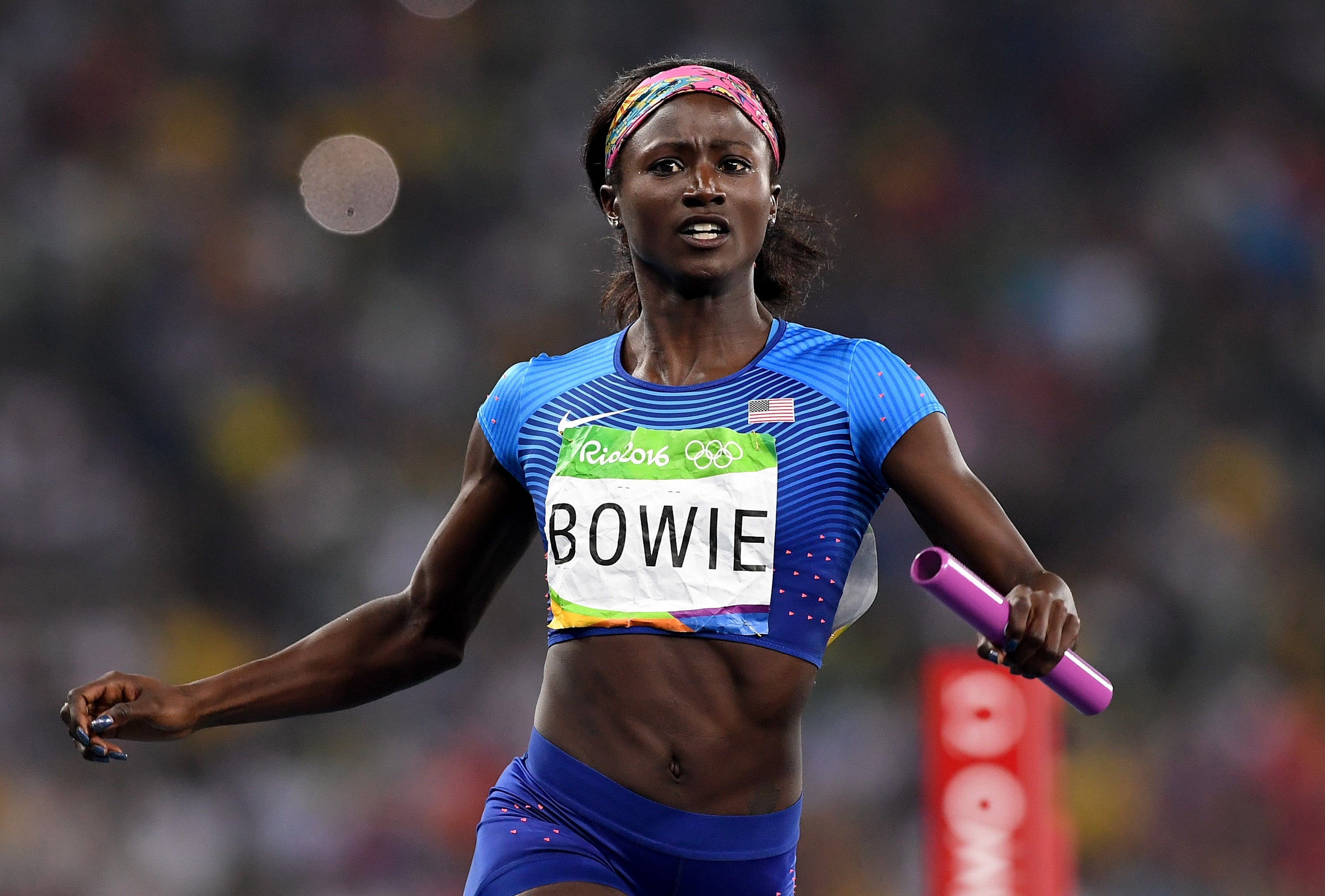 Tori Bowie crosses the finishline to win the Women's 4 x 100m Relay Final on Day 14 of the Rio 2016 Olympic Games at the Olympic Stadium on August 19, 2016 in Rio de Janeiro, Brazil