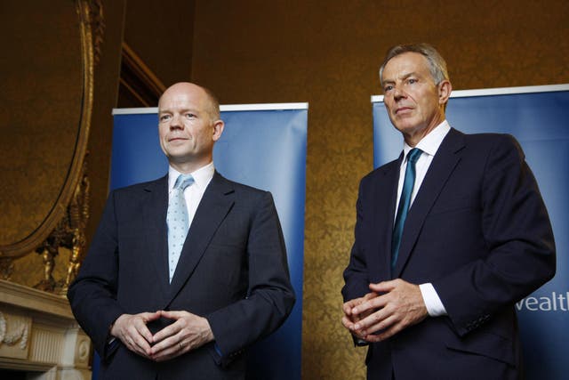 Lord William Hague (left) and Sir Tony Blair urge the Government to ‘work with the European Union’ to develop a model of regulation aligned with US standards (Foreign and Commonwealth Office/PA)