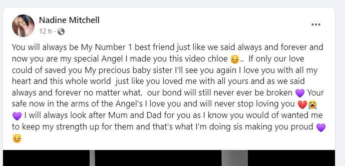 Chloe Mitchell’s sister described her as a “special angel” in a social media tribute