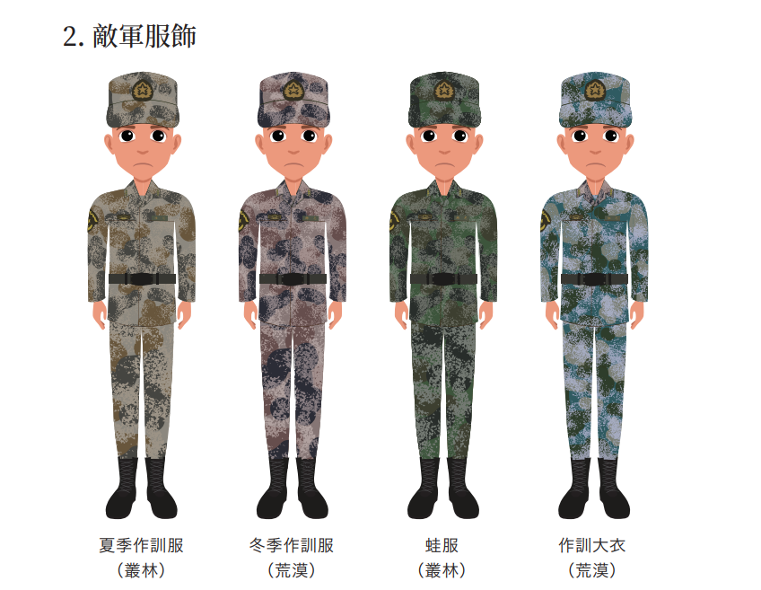 The civil defence handbook showing different kind of Chinese soldiers in uniforms