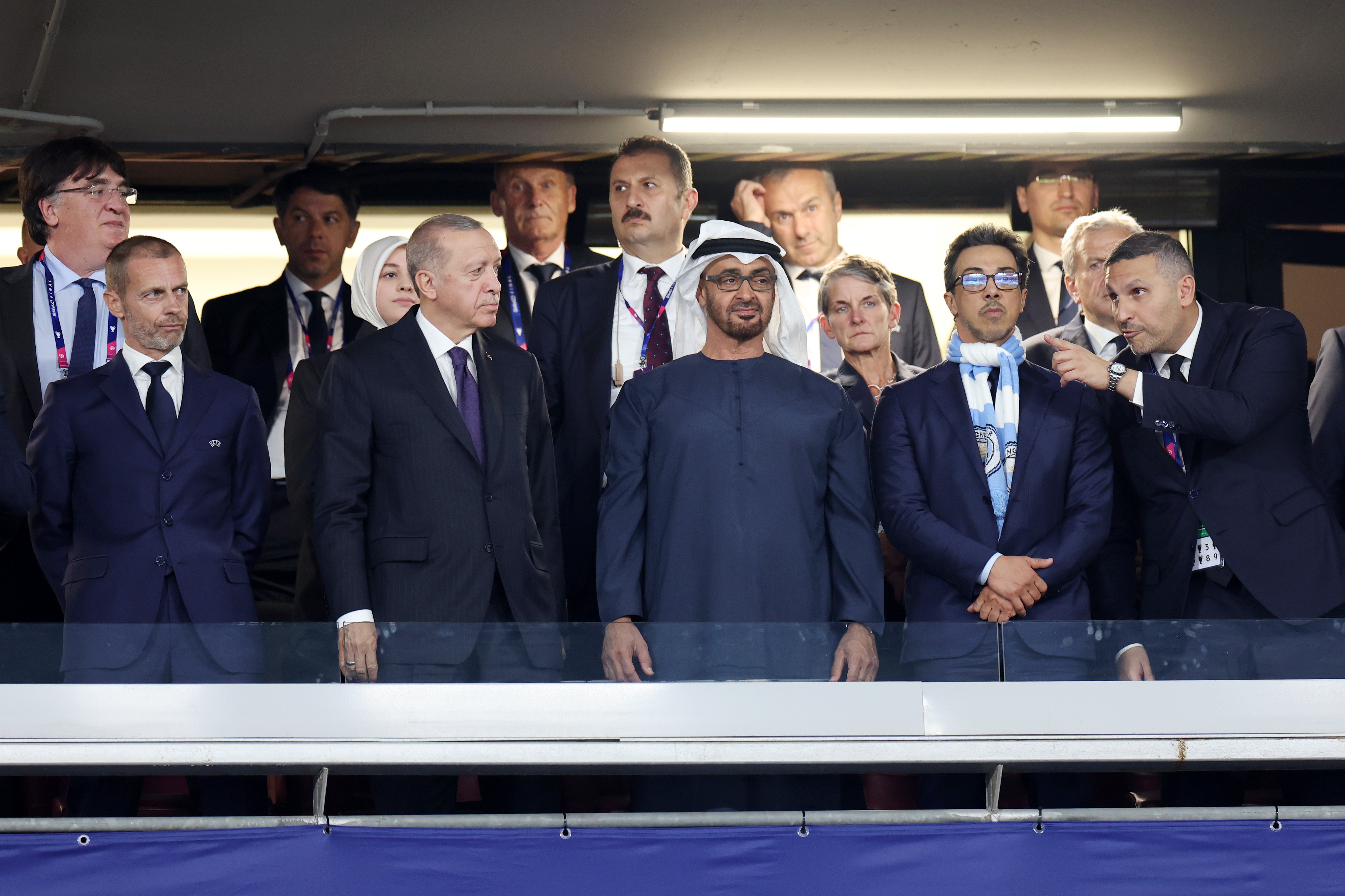 Uefa president Aleksander Ceferin, Turkey president Recep Tayyip Erdogan, UAE president Sheikh Mohamed bin Zayed al-Nahyan, Man City owner Sheikh Mansour and Man City chairman Khaldoon Al Mubarak