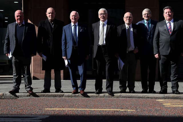 Seven of the 14 hooded men (from left) Jim Auld, Patrick McNally, Liam Shannon, Francie McGuigan, Davy Rodgers, Brian Turley and Joe Clarke (PA)
