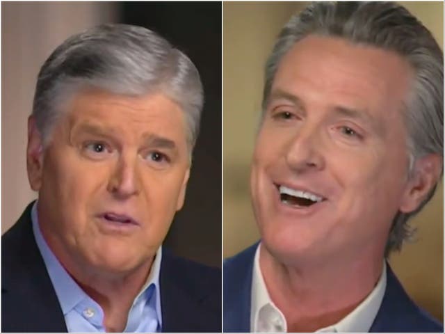 <p>California Governor Gavin Newsom appeared on Sean Hannity’s programme on Fox News</p>