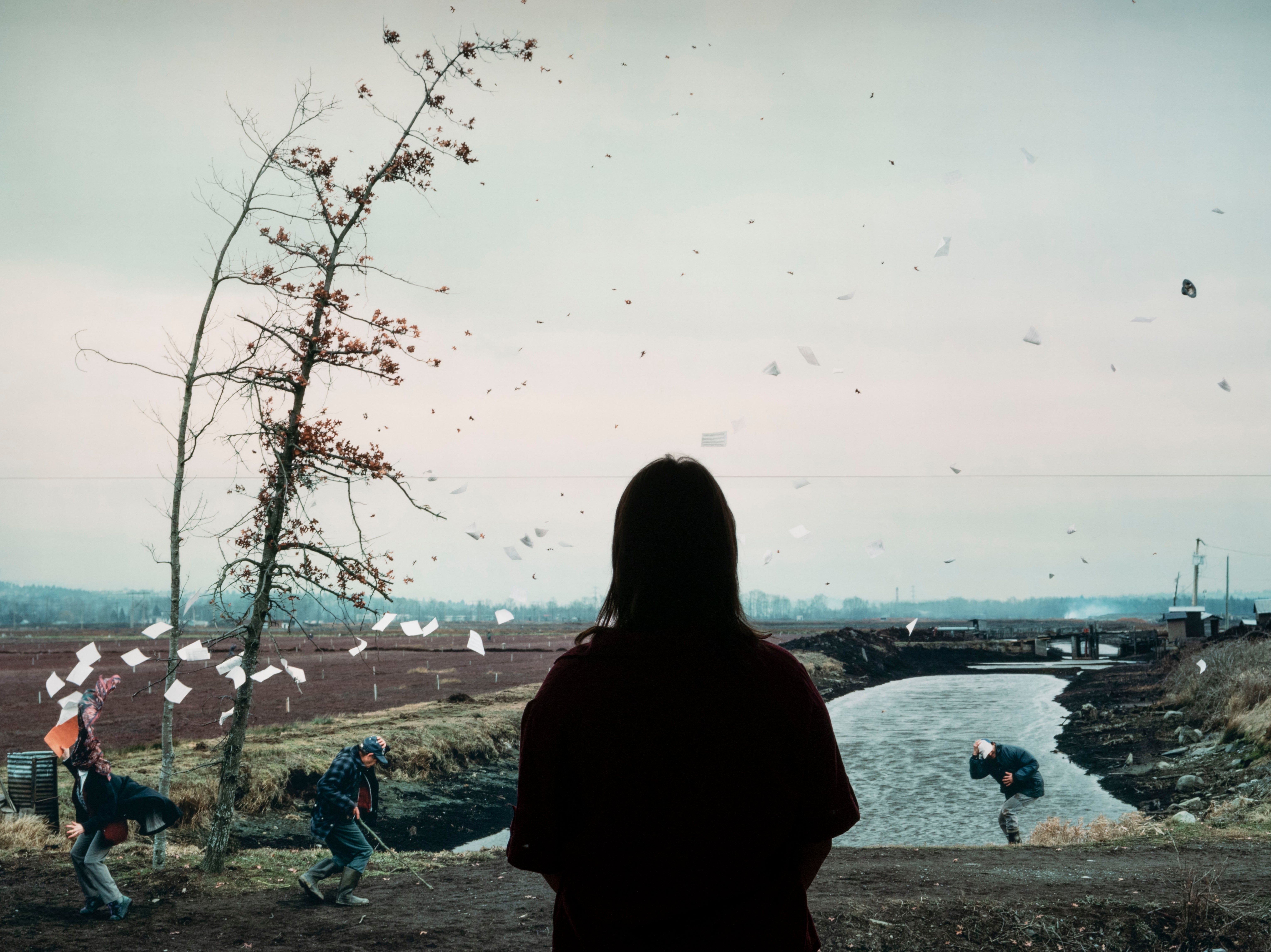 A person viewing Jeff Wall’s piece, ‘A Sudden Gust of Wind’