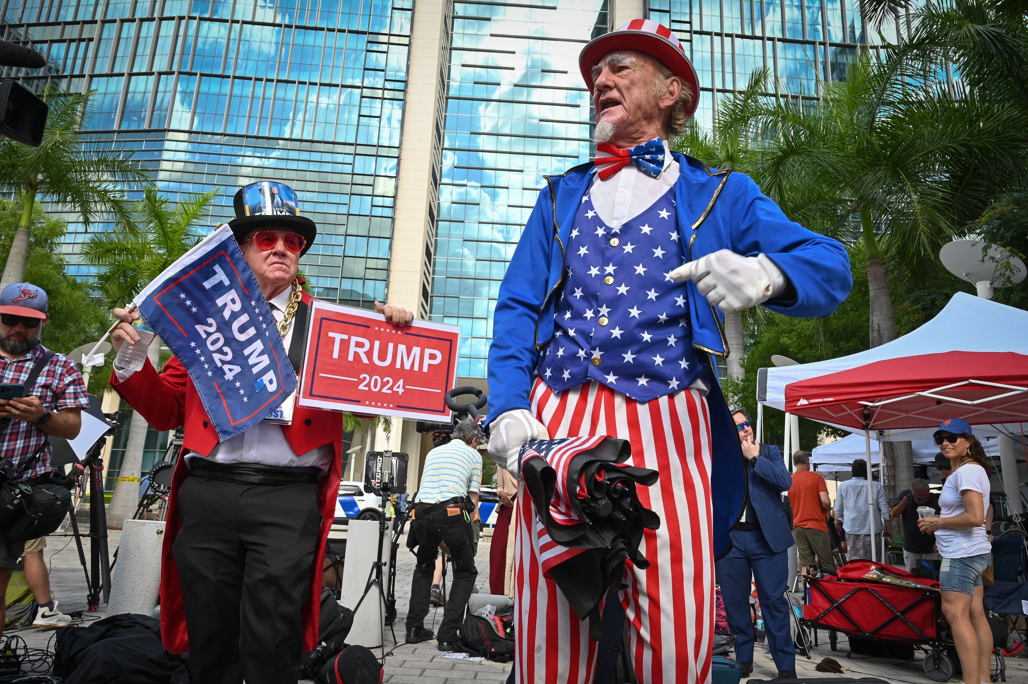 Trump supporters show their support in front of the Wilkie D. Ferguson Jr. United States Courthouse before the arraignment of former President Donald Trump in Miami, Florida on June 13, 2023