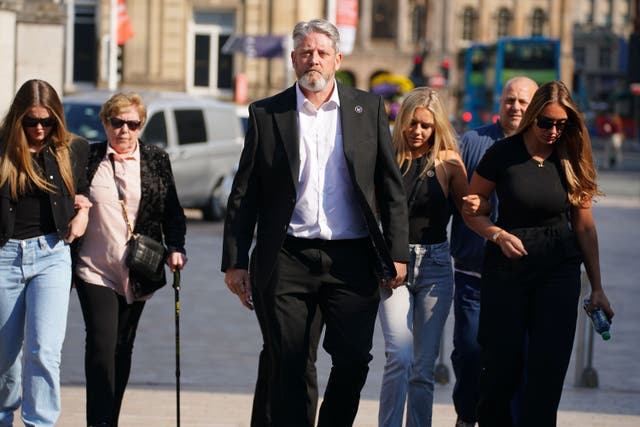 The father of Elle Edwards, Tim Edwards, arrives with family members at the Queen Elizabeth II Law Courts in Liverpool (Peter Byrne/PA)