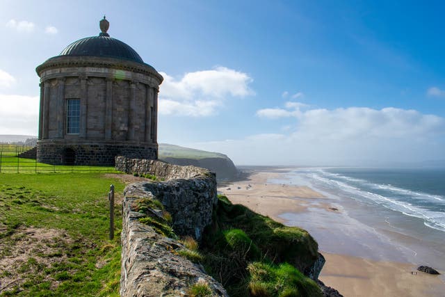 <p>Benone Beach is overlooked by Mussenden Temple</p>