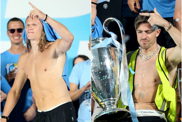 Erling Haaland, left, and Jack Grealish led the Manchester City celebrations (Nigel French/PA)