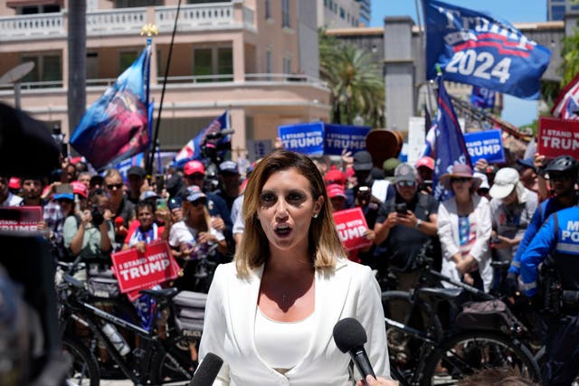 <p>Alina Habba, lawyer for former President Donald Trump, speaks outside the Wilkie D Ferguson Jr US Courthouse, on Tuesday 13 June 2023</p>