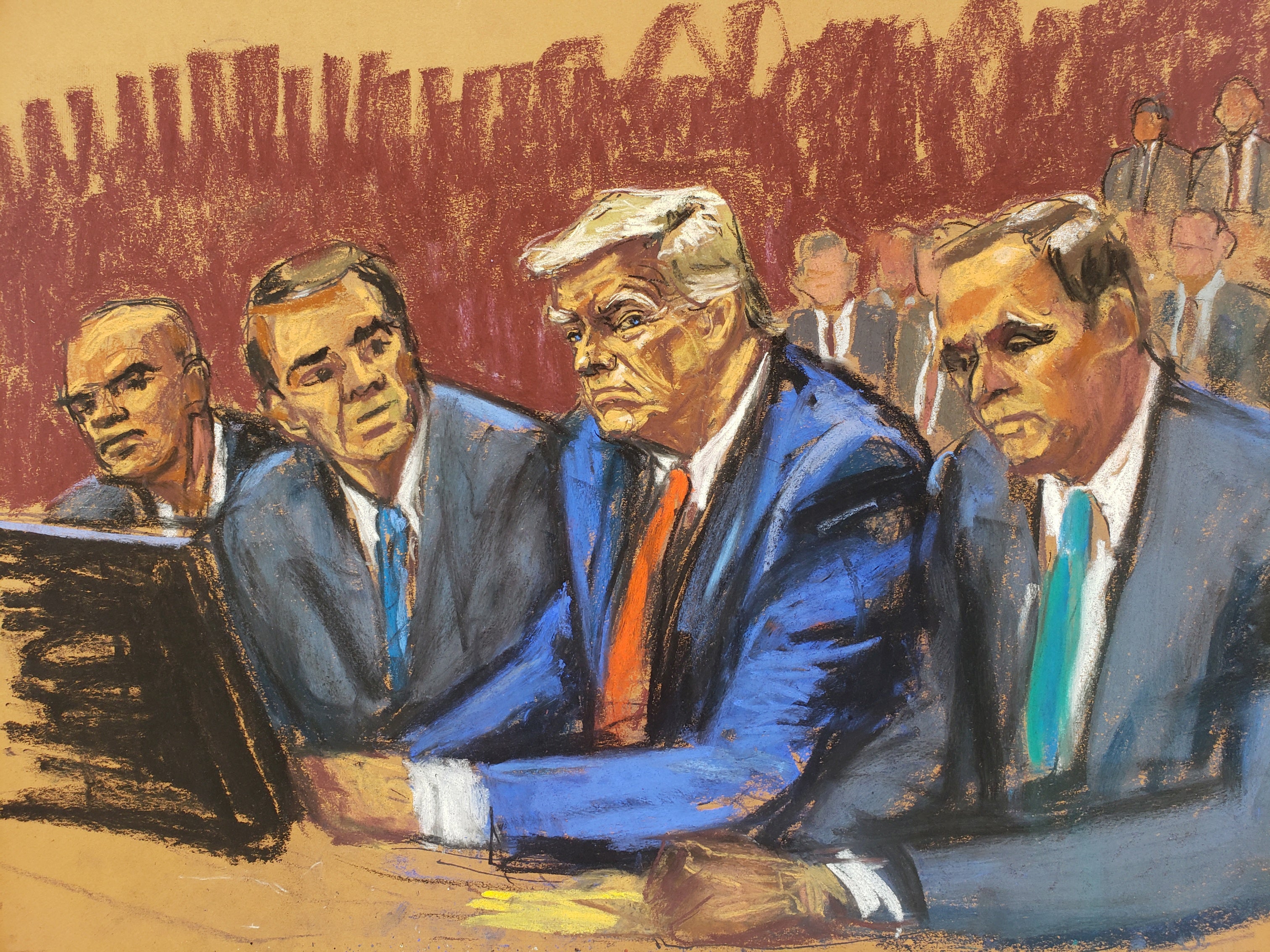 Donald Trump appears alongside his aide and co-defendant Walt Nauta and attorneys Chris Kise and Todd Blanche in Miami, Florida, in June 2023