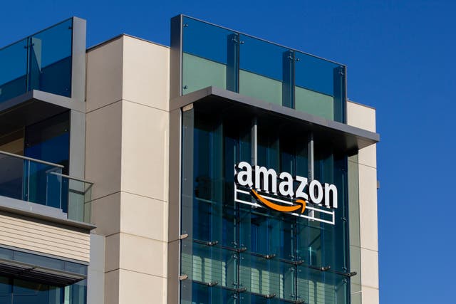 <p>The Amazon logo seen at Amazon campus in Palo Alto, California. The Palo Alto location hosts A9 Search, Amazon Web Services, and Amazon Game Studios teams.</p>