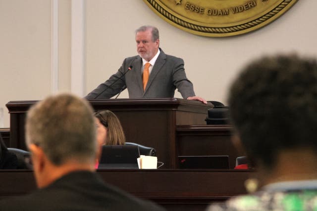 <p>North Carolina Senate leader Phil Berger presiding over a Senate floor debate in May </p>