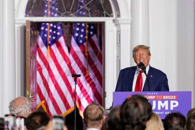 <p>Former President Donald Trump speaks to supporters at Trump National Golf Club Bedminster, Tuesday, June 13, 2023, in Bedminster, N.J</p>