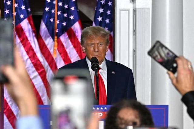 <p>Former US president Donald Trump delivers remarks at Trump National Golf Club Bedminster in Bedminster, New Jersey, on 13 June 2023</p>