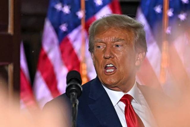 <p>Former US president Donald Trump gestures after delivering remarks at Trump National Golf Club Bedminster in Bedminster, New Jersey, on 13 June 2023</p>