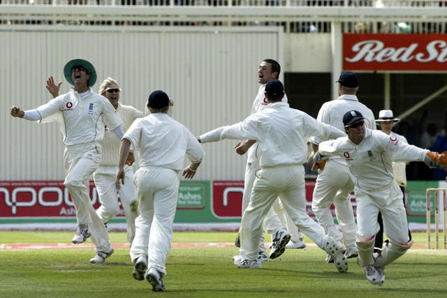 England celebrate their dramatic Ashes win at Edgbaston in 2005 (Nick Potts/PA)