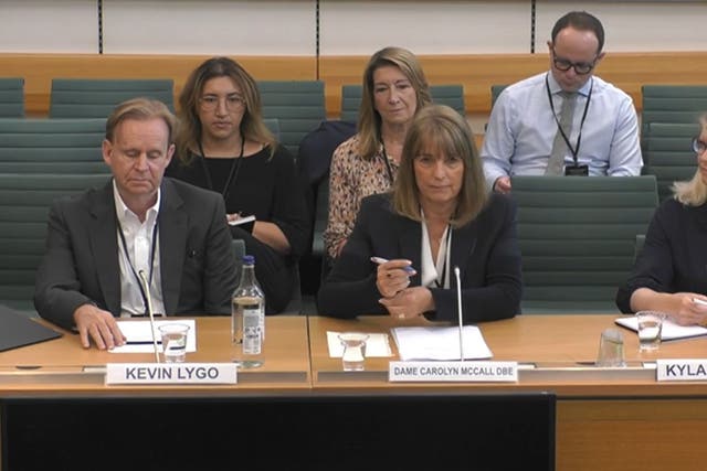 Dame Carolyn McCall DBE, chief executive, ITV, Kevin Lygo, managing director, media and entertainment, ITV and Kyla Mullins, general counsel and company secretary, ITV, giving evidence to the Digital, Culture, Media and Sport Committee (House of Commons/PA)