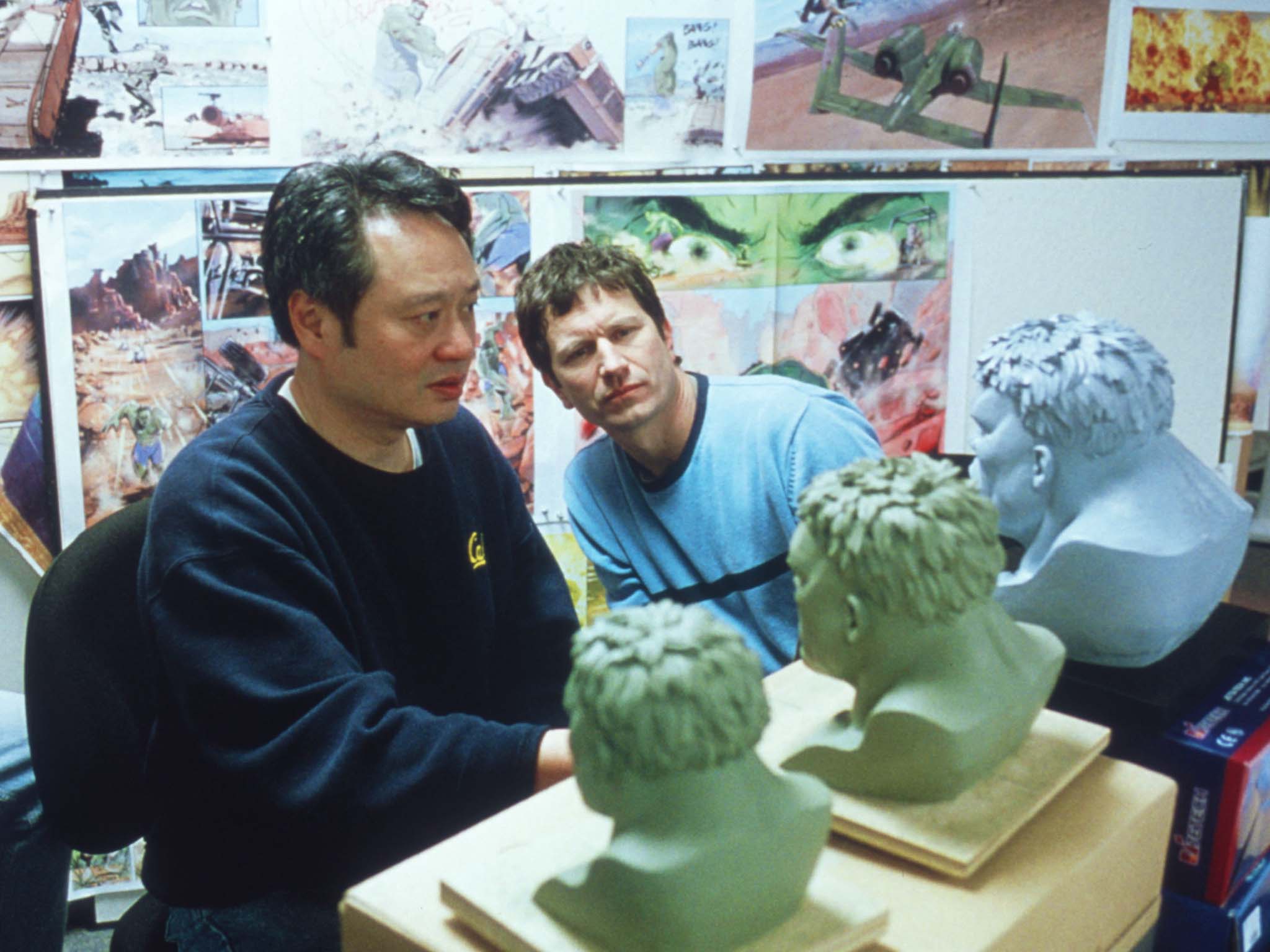 Ang Lee studies Hulk heads on the set of the 2003 film
