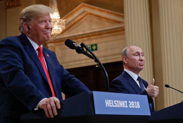 <p>Donald Trump and Vladimir Putin in Helsinki, Finland, in July 2018 </p>