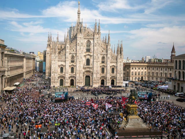 <p>The casket of former Italian premier Silvio Berlusconi leaves Milan’s Duomo at the end of his state funeral on Wednesday </p>