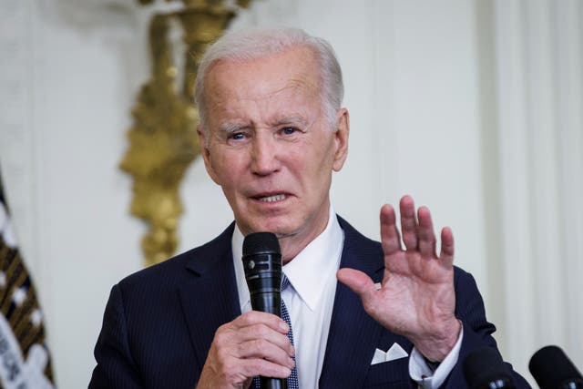 <p>President Joe Biden speaks during a reception honoring US Chiefs of Missions, in the East Room at the White House, in Washington, DC, USA, 13 June 2023</p>