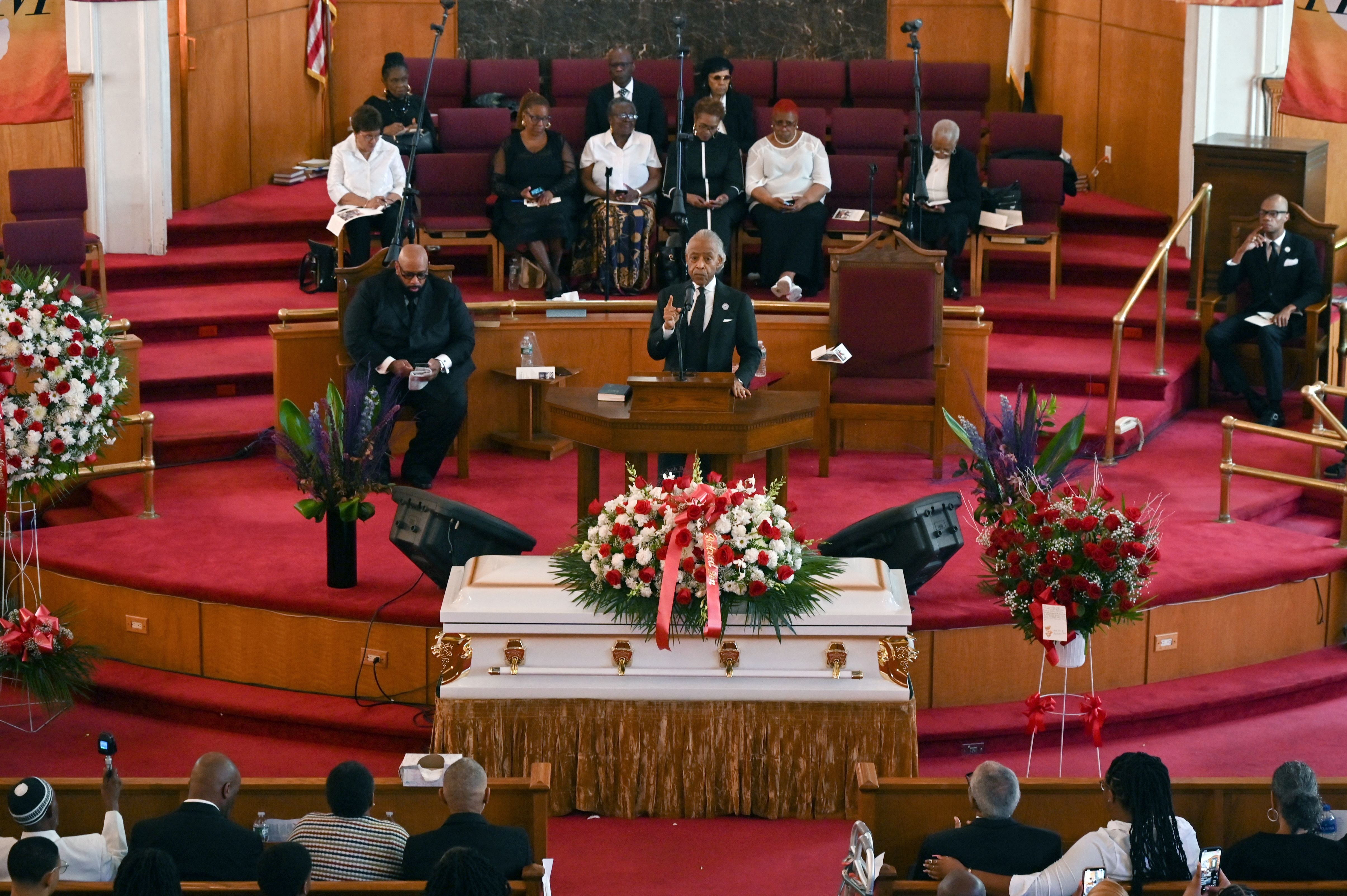 The Rev, Al Sharpton speaks the funeral service for Jordan Neely, at Mount Neboh Baptist Church in the Harlem neighborhood of New York City on May 19, 2023.