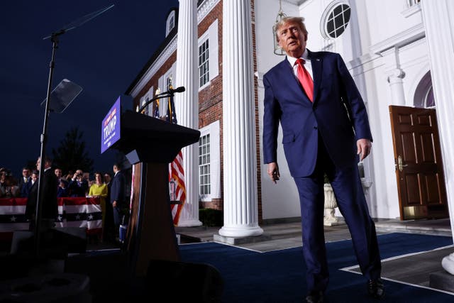 <p>Former US President Donald Trump reacts during an event following his arraignment on classified document charges, at Trump National Golf Club, in Bedminster, New Jersey, on 13 June 2023</p>