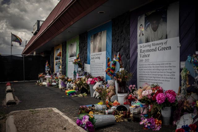 <p>Memorials are displayed outside Club Q, the LGBTQ nightclub that was the site of a deadly 2022 shooting that killed five</p>