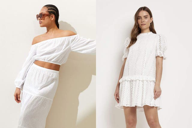 From a sexy off-the-shoulder top to a flirty mini dress, say it with shades of white (Marks & Spencer/River Island/PA)