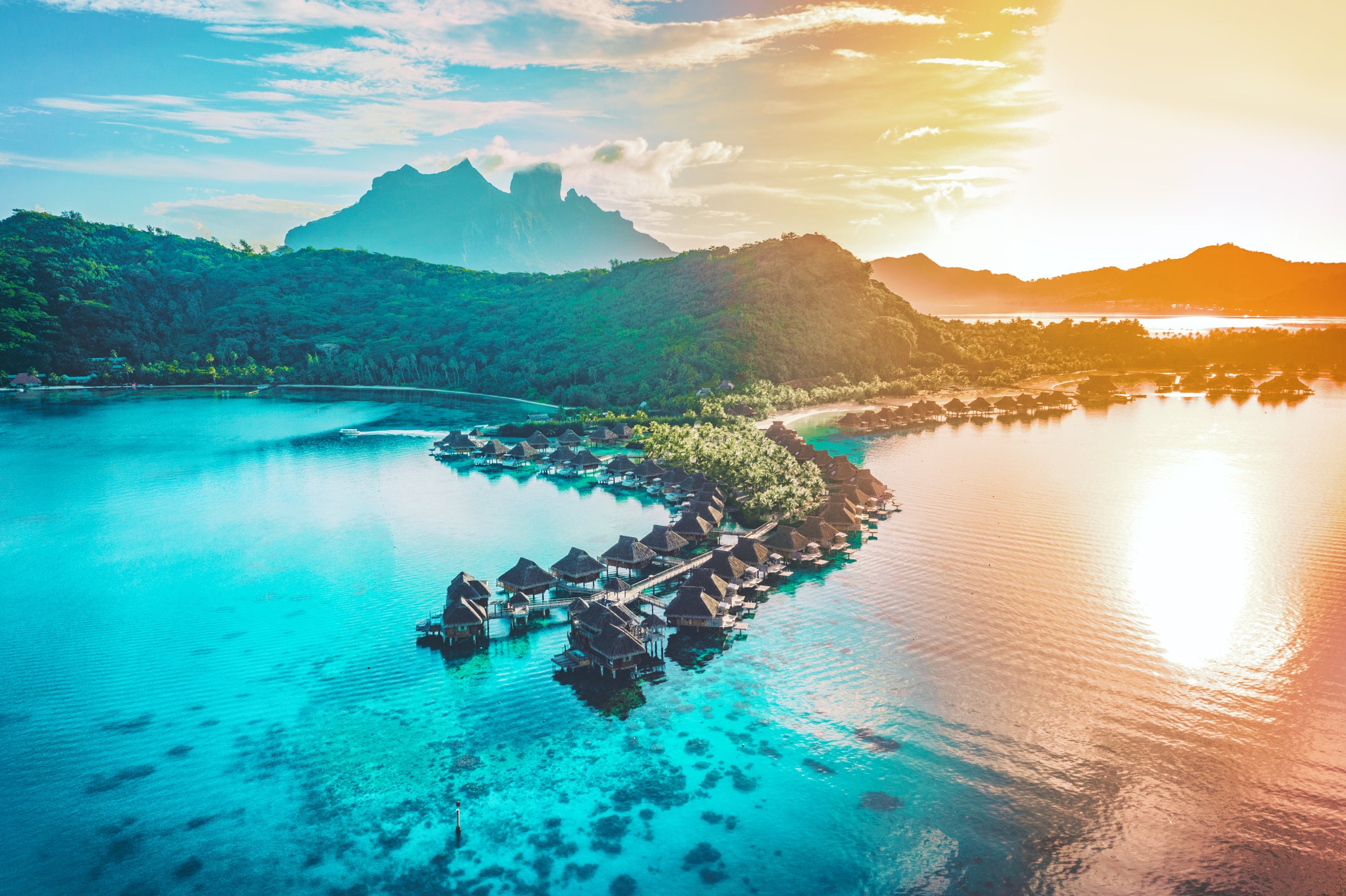 Villages of overwater bungalows dot the South Pacific in Bora Bora