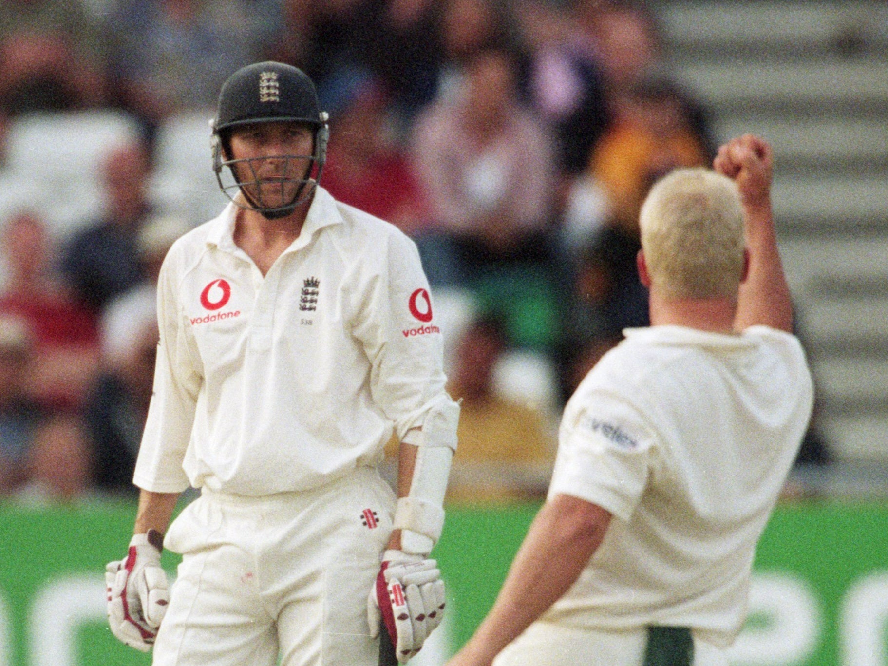 Shane Warne of Australia celebrates the wicket of Michael Atherton during the Third Ashes Test in 2001