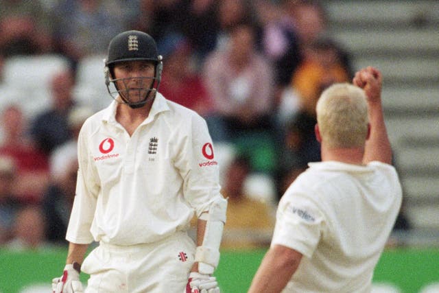 <p>Shane Warne of Australia celebrates the wicket of Michael Atherton during the Third Ashes Test in 2001</p>