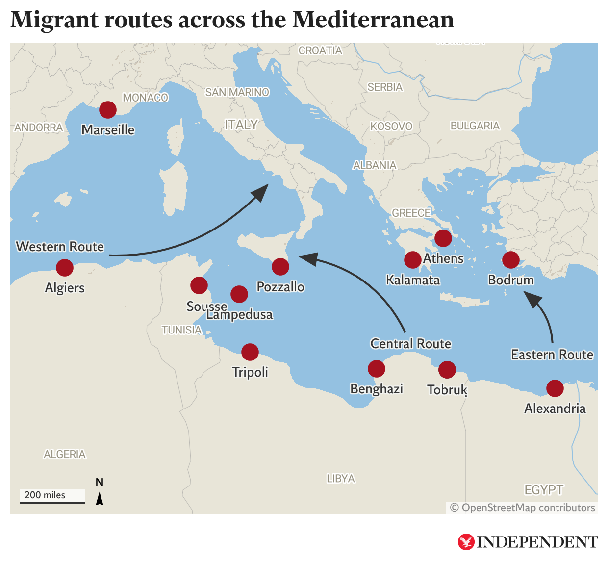 A map showing migrant routes across the Mediterranean