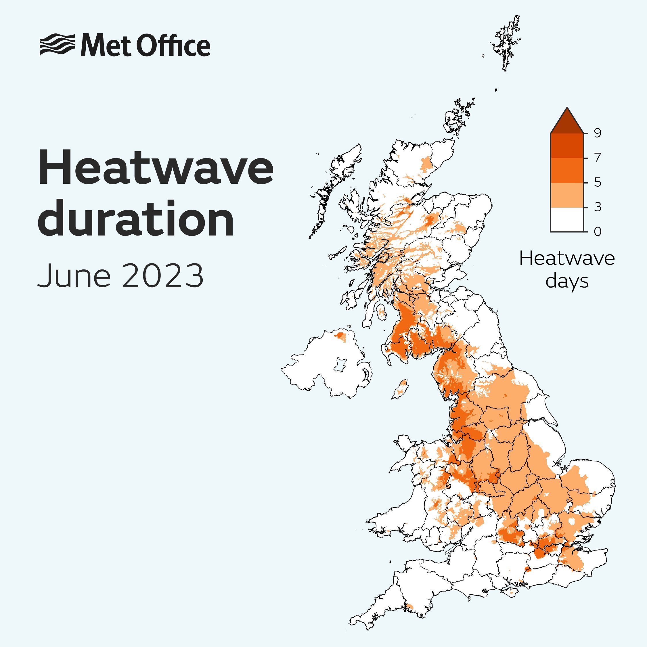 Areas of the UK in a heatwave based on temperatures leading up to and including 14 June