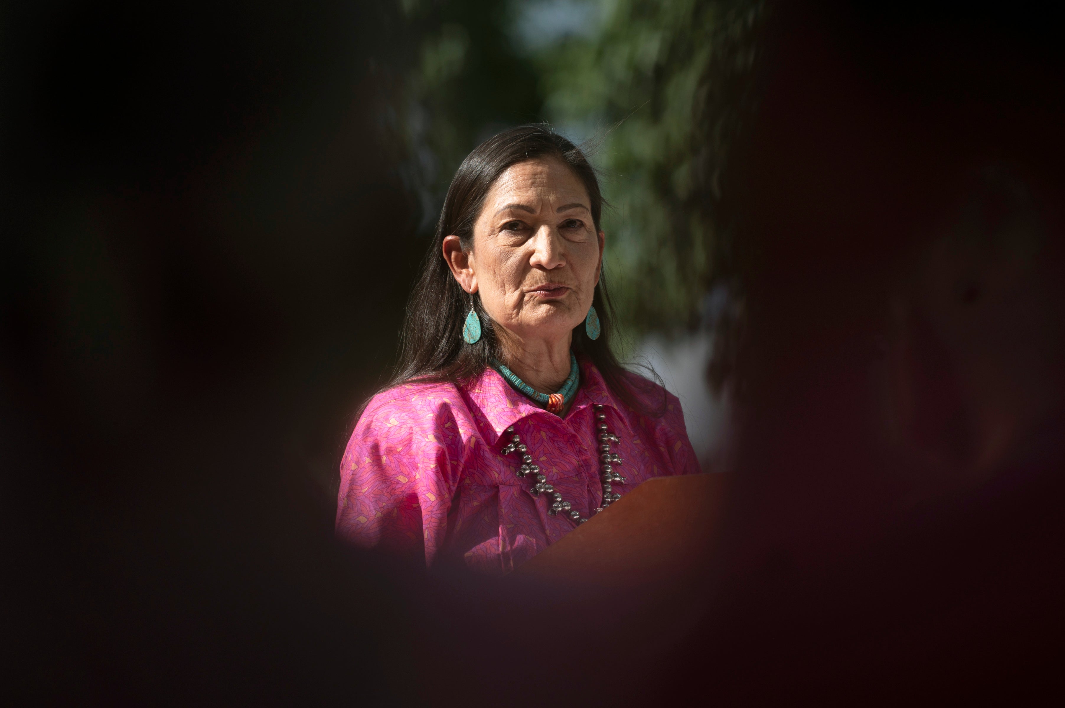 US Interior Secretary Deb Haaland is pictured speaking at a Bureau of Indian Affairs event in New Mexico on 11 June