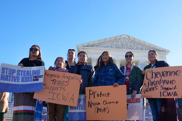 <p>Demonstrators outside the US Supreme Court urge for the preservation of the Indian Child Welfare Protection Act. </p>