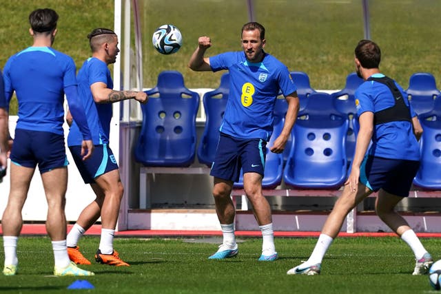 England’s Harry Kane (centre) with team-mates during a training session at St. George’s Park, Burton-upon-Trent. Picture date: Thursday June 15, 2023.