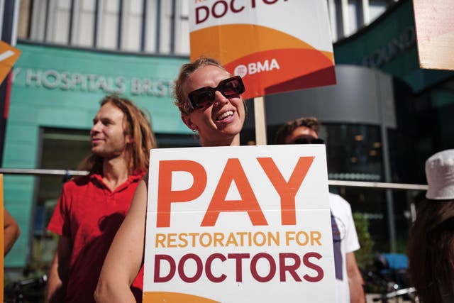 Striking junior doctors from British Medical Association on the picket line outside Bristol Royal Infirmary on Wednesday (PA)