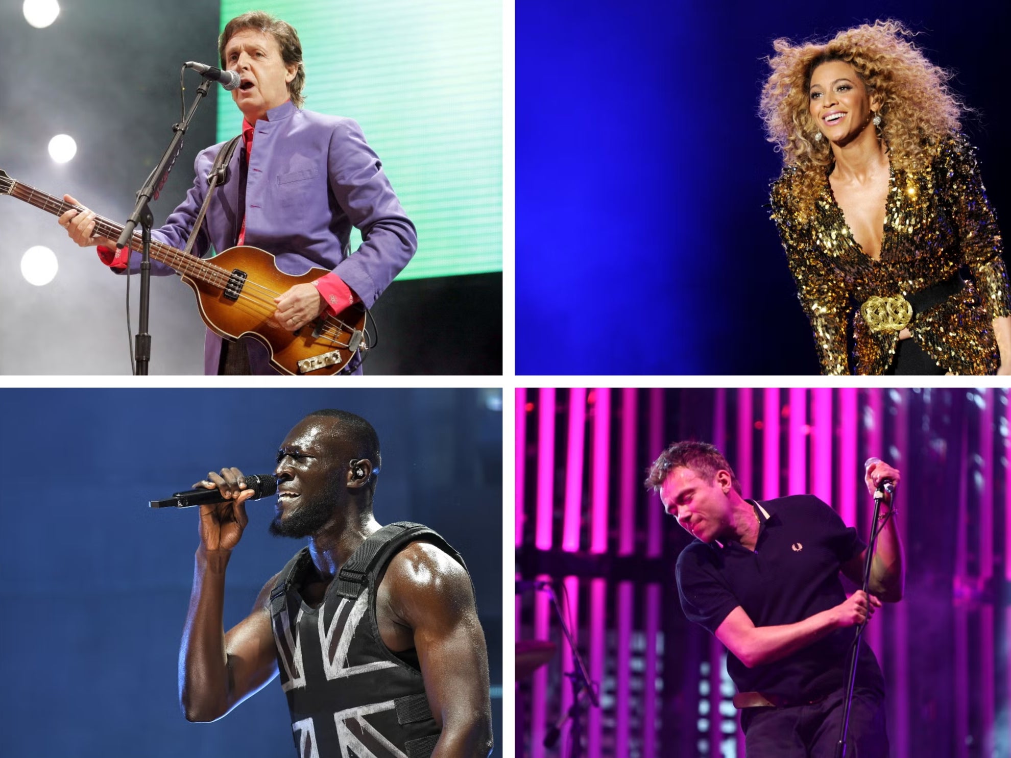 No canto superior esquerdo, no sentido horário: Paul McCartney, Beyoncé, Damon Albarn do Blur e Stormzy, durante suas apresentações principais no Pyramid Stage