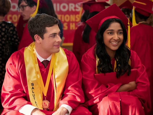 <p>Jaren Lewison as Ben Gross, Maitreyi Ramakrishnan as Devi in episode 410 of Never Have I Ever. Cr. Lara Solanki/Netflix © 2023</p>