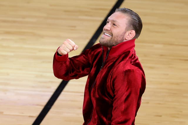 <p>Conor McGregor is seen on the court during a timeout in Game Four of the 2023 NBA Finals between the Denver Nuggets and the Miami Heat at Kaseya Center on June 09, 2023 in Miami, Florida.</p>