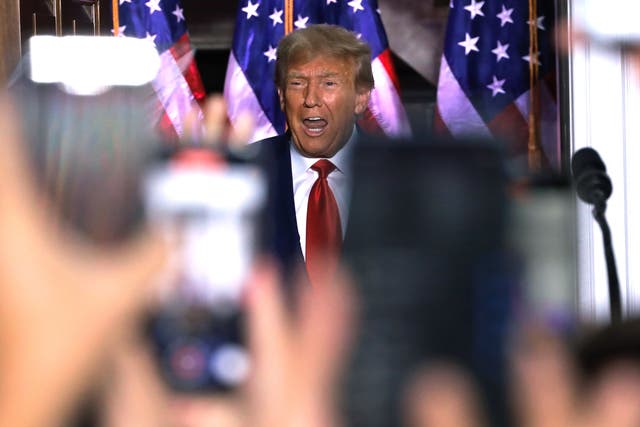 <p>Former US president Donald Trump speaks at Trump National Golf Club,in Bedminster, New Jersey, on 13 June 2023</p>