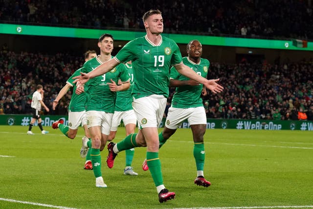 Republic of Ireland’s Evan Ferguson celebrates scoring his sides second goal during the international friendly match at the Aviva Stadium, Dublin. Picture date: Wednesday March 22, 2023.