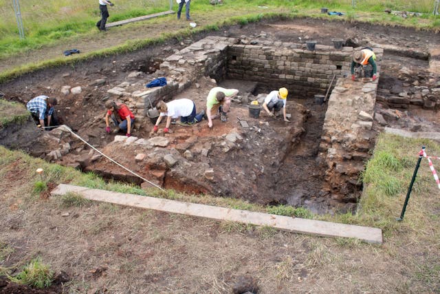 University students at work in the newly- discovered bathhouse at Hadrian’s Wall at Birdoswald fort, Cumbria (Historic England/PA)